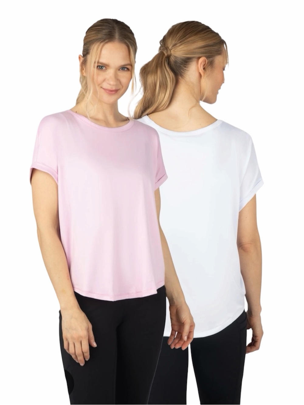 NWT 90 Degree 2-pk Super Soft Short Sleeve Beverly Tops in White + Pink Lavender
